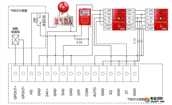 LD5503EN、LD5506EN氣體滅火控制器、LD5505EN中繼模塊接線圖